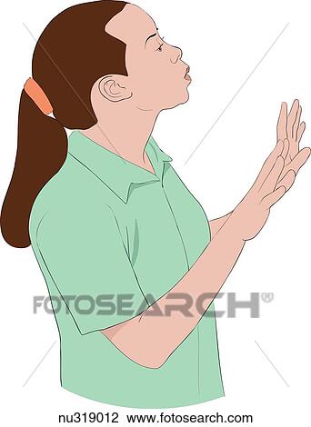 Drawing - Lateral view of nurse who raises hands as if to calm down someone she is speaking to.. Fotosearch