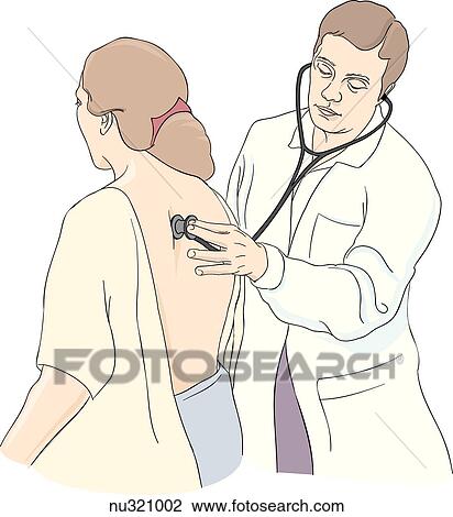 Drawing - Male healthcare professional auscultating the posterior thorax of a seated female patient.. Fotosearch