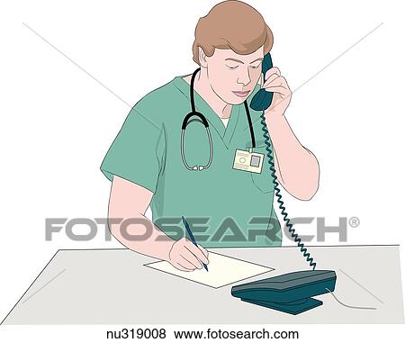 Stock Illustration - Male nurse at desk taking notes while on telephone.. Fotosearch