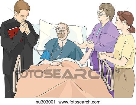Clip Art - Man lying in hospital bed: priest to left, family to right. Priest is praying. An older woman holds patient's hand, a young woman stands next to her with a serious expression on her face.. Fotosearch