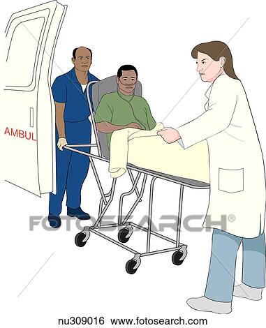 Stock Illustration of Patient on gurney being wheeled from ambulance in ...