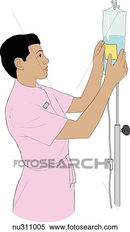 Stock Illustration - Nurse adheres label to IV container to show medication.. Fotosearch