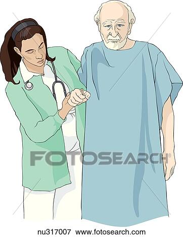 Stock Illustration - Nurse assists elderly man in hospital gown to walk. Nurse has positioned herself behind patient while supporting him by waist and hand.. Fotosearch
