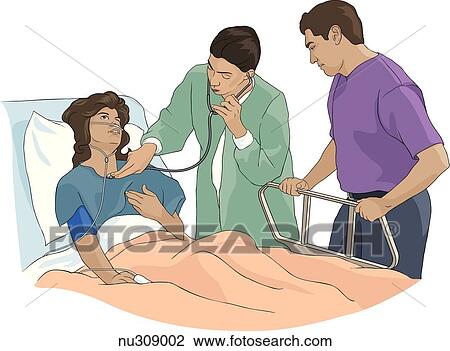 Nurse auscultates woman in hospital bed while concerned visitor looks on. View Large Illustration Drawing - Nurse auscultates woman in hospital bed while concerned visitor looks on.. Fotosearch