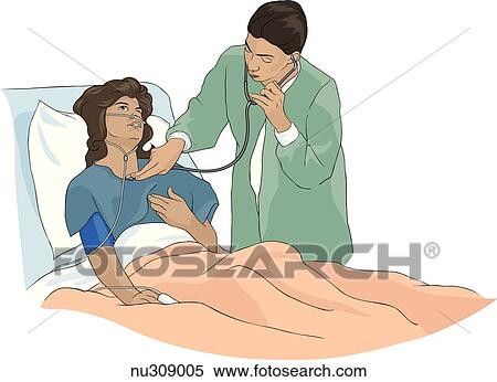 Stock Illustration - Nurse auscultates woman in hospital bed. Patient holds hand to chest and appears to be quite sick.. Fotosearch
