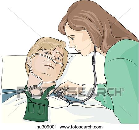 Nurse auscultating chest of patient who's facial expression indicates pain. View Large Illustration Clip Art - Nurse auscultating chest of patient who's facial expression indicates pain.. Fotosearch