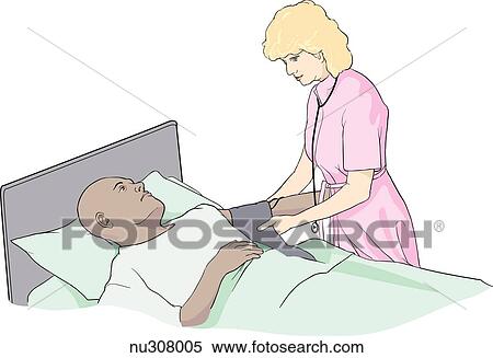 Stock Illustration - Nurse centering blood pressure cuff over left brachial artery (upper arm) of prone patient.. Fotosearch