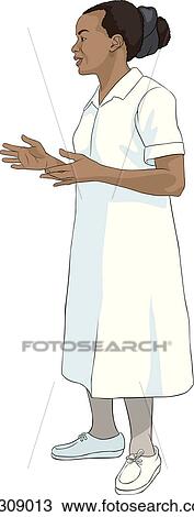 Nurse in white uniform, standing. Arms held as if explaining something. View Large Illustration Drawing - Nurse in white uniform, standing. Arms held as if explaining something.. Fotosearch