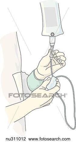 Nurse looks at watch and manually regulates drip rate of IV. View Large Illustration Drawing - Nurse looks at watch and manually regulates drip rate of IV.. Fotosearch