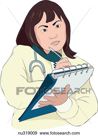 Stock Illustration - Nurse on telephone making notes into chart.. Fotosearch