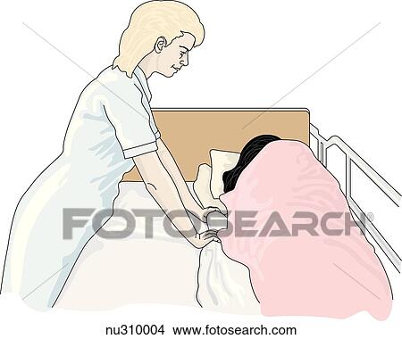 Stock Illustration - Nurse shown fan-folding soiled linens toward patient's back. Patient in side-lying position on far side of bed.. Fotosearch