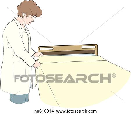 Stock Illustration - Nurse shown folding upper 6 inches of top sheet down over spread and making cuff.. Fotosearch
