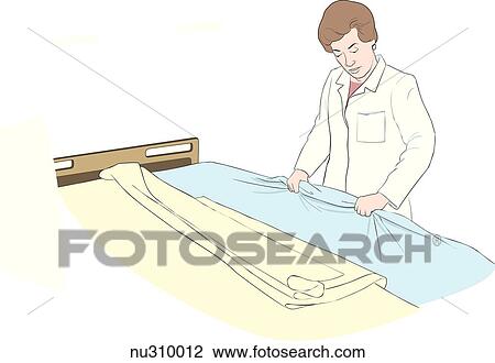 Nurse shown pulling bottom sheet tight. View Large Illustration Drawing - Nurse shown pulling bottom sheet tight.. Fotosearch
