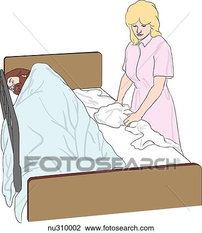Nurse shown removing soiled bottom linens from bed. Patient in side-lying position on far side of bed. View Large Illustration Drawing - Nurse shown removing soiled bottom linens from bed. Patient in side-lying position on far side of bed.. Fotosearch
