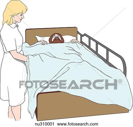 Nurse shown removing top linens from bed with patient holding bath blanket for privacy and warmth. View Large Illustration Clip Art - Nurse shown removing top linens from bed with patient holding bath blanket for privacy and warmth.. Fotosearch