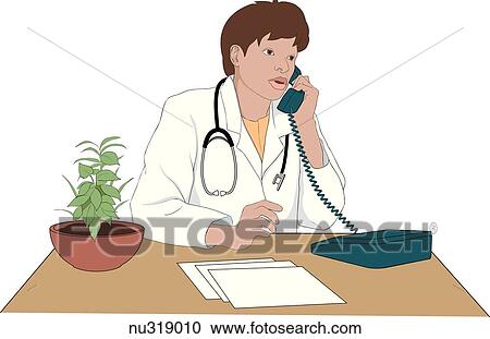 Nurse, sitting at desk, with telephone receiver held to ear. View Large Illustration Clipart - Nurse, sitting at desk, with telephone receiver held to ear.. Fotosearch