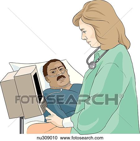 Clipart - Nurse standing next to a patient in hospital bed reading cardiac monitor while patient looks on.. Fotosearch