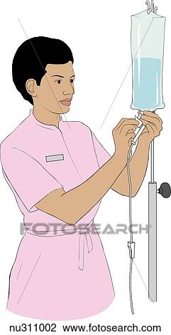 Nurse, standing next to IV container on pole, cleanses medication port. View Large Illustration Drawing - Nurse, standing next to IV container on pole, cleanses medication port.. Fotosearch