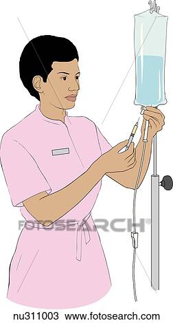 Nurse, standing next to IV container on pole, inserts needle into medication port. View Large Illustration Drawing - Nurse, standing next to IV container on pole, inserts needle into medication port.. Fotosearch