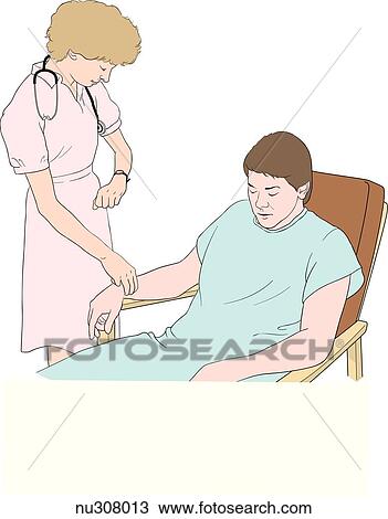 Nurse standing next to seated patient. Nurse is palpating radial pulse of patient's right arm and looking at watch. View Large Illustration Drawing - Nurse standing next to seated patient. Nurse is palpating radial pulse of patient's right arm and looking at watch.. Fotosearch