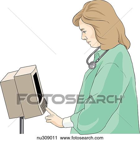 Clip Art - Nurse, standing, pushes button on cardiac monitor.. Fotosearch