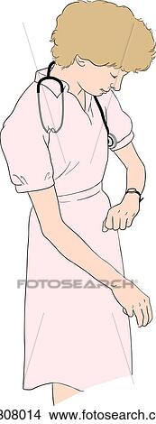 Stock Illustration - Nurse standing with right arm positioned as if to palpate radial pulse of a patient. Her head is bent as she looks down at her watch, she is wearing a stethoscope.. Fotosearch