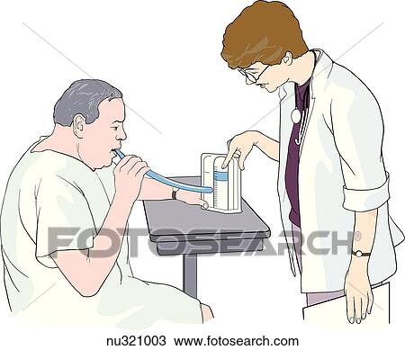 Drawing - Older man seated at table blows into spirometer while nurse standing nearby points to his result on the machine.. Fotosearch