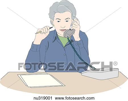 Clip Art - Older woman at desk holding pen in one hand and telephone receiver in other.. Fotosearch