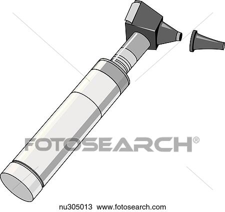 Otoscope with disposable tip shown lying alongside. View Large Illustration Drawing - Otoscope with disposable tip shown lying alongside.. Fotosearch