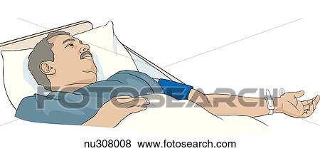 Patient lying prone in hospital bed with right arm extended. Patient is wearing a blood pressure cuff. View Large Illustration Stock Illustration - Patient lying prone in hospital bed with right arm extended. Patient is wearing a blood pressure cuff.. Fotosearch