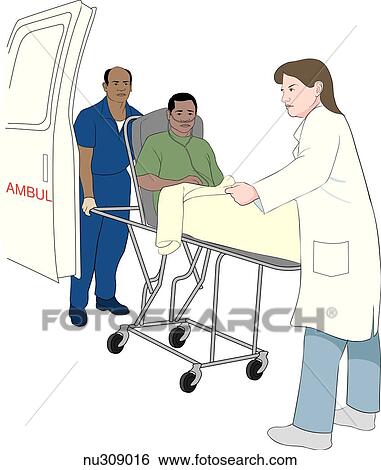 Stock Illustration - Patient on gurney being wheeled from ambulance in the care of a paramedic and a nurse.. Fotosearch