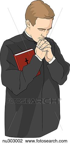 Priest praying, holding bible. View Large Illustration Drawing - Priest praying, holding bible.. Fotosearch