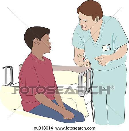 Stock Illustration - Sick child sits on edge of hospital bed. Nurse stands nearby demonstrating how to use call button.. Fotosearch