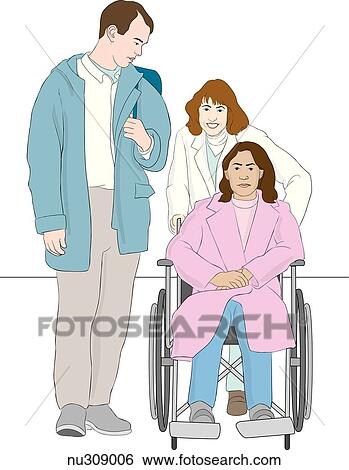 Stock Illustration - Smiling nurse pushes female patient wearing street clothes down hospital hallway. They are accompanied by a man also in street clothes.. Fotosearch