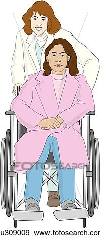Stock Illustration - Smiling nurse pushes female patient wearing street clothes in wheel chair. . Fotosearch
