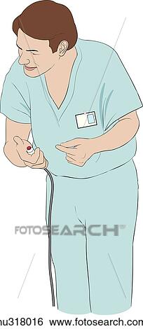 Stock Illustration - Standing nurse leans forward slightly to demonstrate how to use call button.. Fotosearch