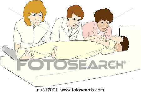 Three health care professionals position themselves to lift a patient from the hospital bed using the three-carrier lift. View Large Illustration Clip Art - Three health care professionals position themselves to lift a patient from the hospital bed using the three-carrier lift. . Fotosearch