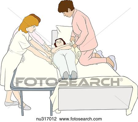 Three health care professionals using drawsheet to transfer patient from bed to stretcher. One nurse kneels on bed to lift, two others stand on far side of stretcher to pull. View Large Illustration Drawing - Three health care professionals using drawsheet to transfer patient from bed to stretcher. One nurse kneels on bed to lift, two others stand on far side of stretcher to pull.. Fotosearch