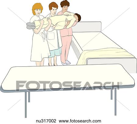 Three healthcare professionals, carrying patient securely against their chests, pivot toward stretcher. View Large Illustration Drawing - Three healthcare professionals, carrying patient securely against their chests, pivot toward stretcher.. Fotosearch