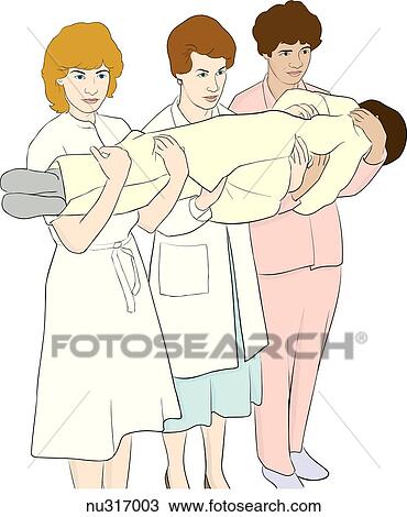 Three healthcare professionals, carrying patient securely against their chests. View Large Illustration Drawing - Three healthcare professionals, carrying patient securely against their chests.. Fotosearch