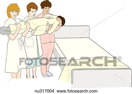Stock Illustration - Three healthcare professionals, carrying patient securely against their chests, pivot toward bed.. Fotosearch