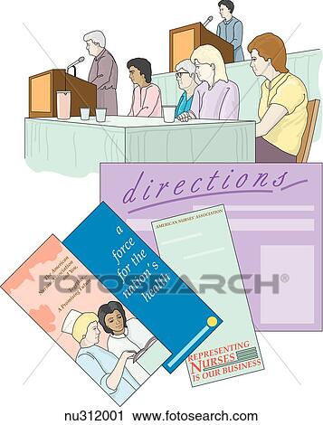 Top image shows a group of women (nurses) sitting at tables on a dias. Two of the women speak into microphones behind a podium. Bottom image is of various brochures. View Large Illustration Clip Art - Top image shows a group of women (nurses) sitting at tables on a dias. Two of the women speak into microphones behind a podium. Bottom image is of various brochures.. Fotosearch