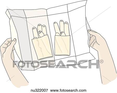Stock Illustration - Two hands hold opened inner package of gloves. . Fotosearch