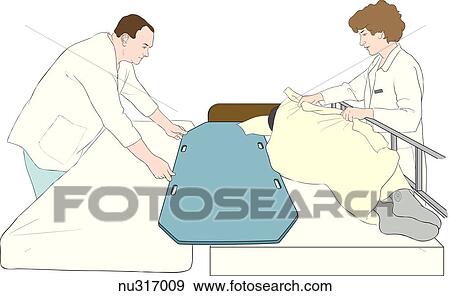 Two healthcare professionals using a transfer board to move client from bed to stretcher. Patient lies on side with back toward stretcher. View Large Illustration Stock Illustration - Two healthcare professionals using a transfer board to move client from bed to stretcher. Patient lies on side with back toward stretcher.. Fotosearch