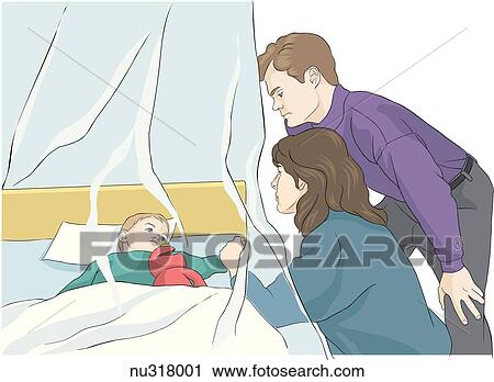 Clip Art - Two parents look in on child in isolation tent.. Fotosearch
