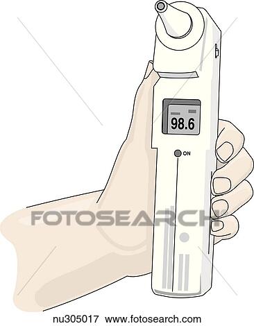 Tympanic thermometer held in hand displaying core body temperature of blood vessels of tympanic membrane as 98. 6 degrees F. View Large Illustration Stock Illustration - Tympanic thermometer held in hand displaying core body temperature of blood vessels of tympanic membrane as 98. 6 degrees F.. Fotosearch
