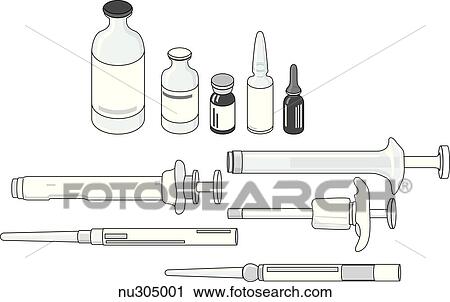 Various ampules, vials, prefilled cartridges and holders for dispensing medication. View Large Illustration Clip Art - Various ampules, vials, prefilled cartridges and holders for dispensing medication.. Fotosearch