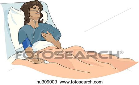 Drawing - Woman lies in hospital bed with hand on chest.. Fotosearch
