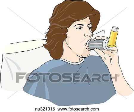 Stock Illustration - Woman shown from chest up, propped up in bed, holding inhaler in mouth.. Fotosearch