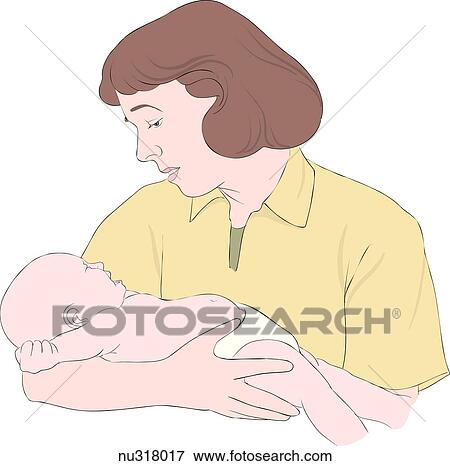 Stock Illustration - Woman with concerned look on face, stares down at screaming baby in her arms.. Fotosearch